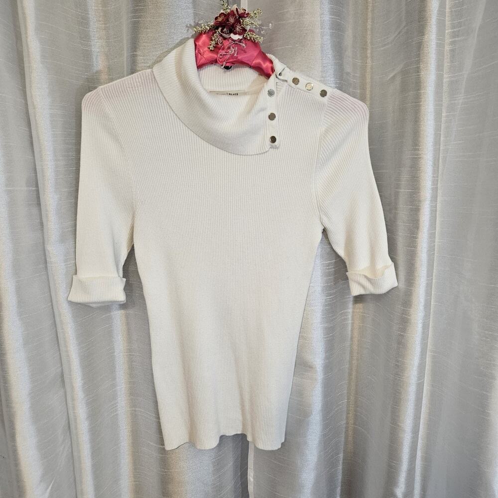 White House Black Market White Ribbed Cowl Neck Button Sweater Rayon Nylon L